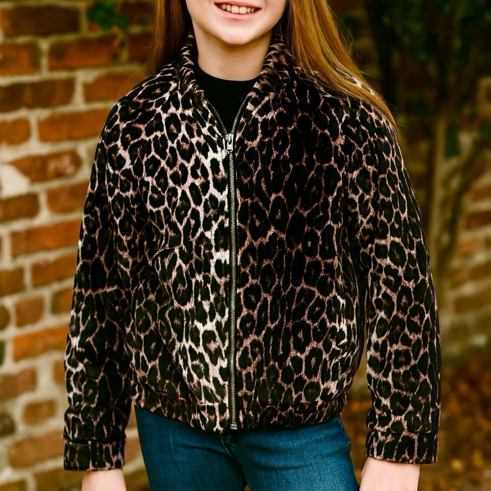 🐆 Gorgeous Velvet Leopard Print Kids Bomber Jacket  (Youth M-L)